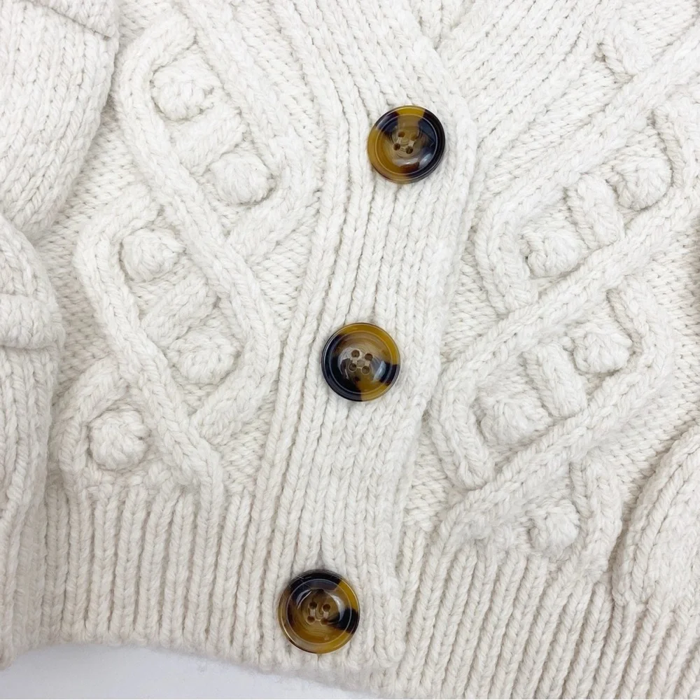 Zara Cable Knit Soft Chunky Cropped Button Front V Neck Cardigan Sweater Ivory - Picture 11 of 14